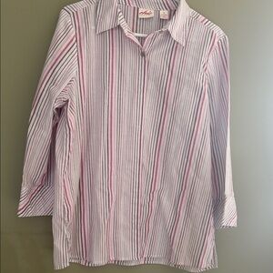 chic Pink and White Striped Button-Front Shirt